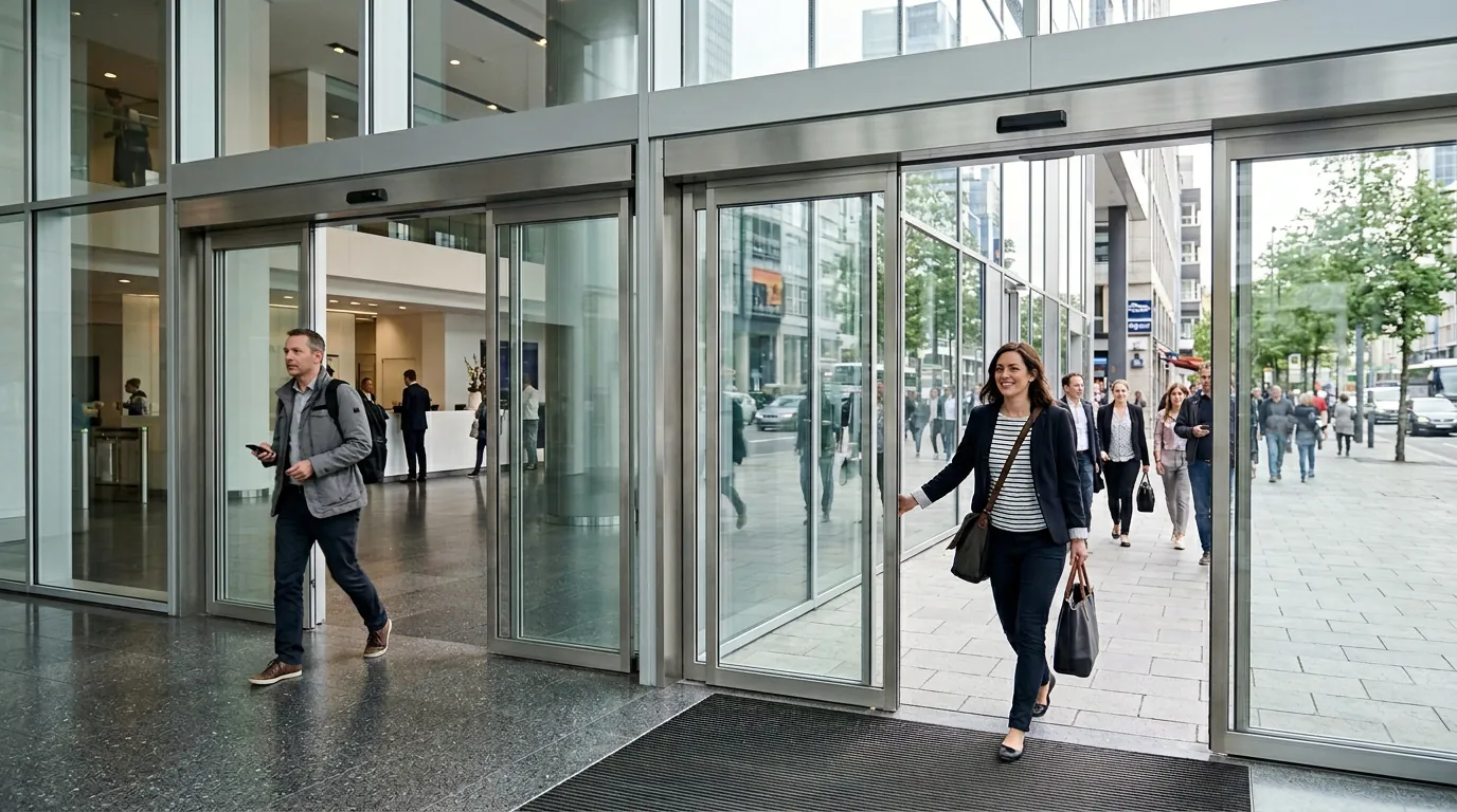 Commercial pedestrian door automation installed at a Washington office building
