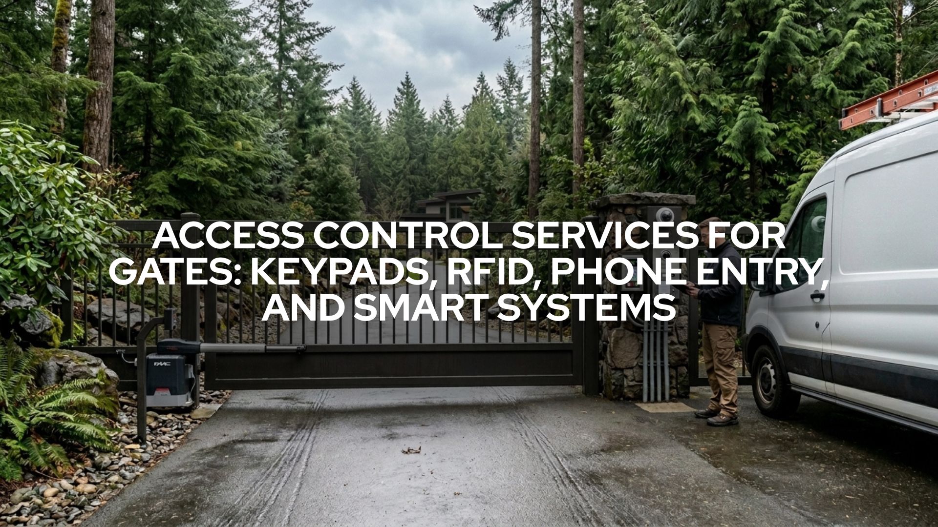 Gate access control system in Washington State with keypad entry, RFID reader, phone entry intercom, smart controls, and security camera by Emerald Gate Systems.