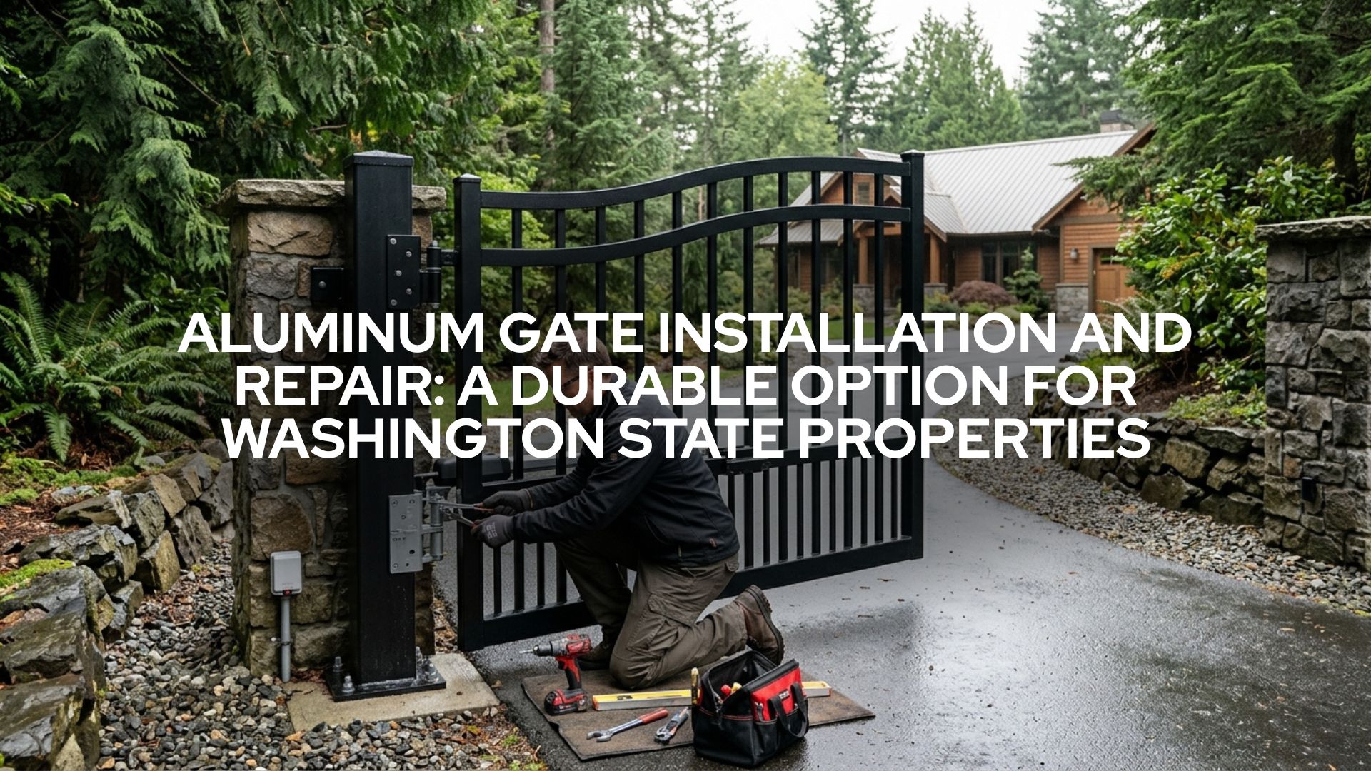 Aluminum gate installation and repair in Washington State showing a durable driveway gate built for Pacific Northwest conditions.