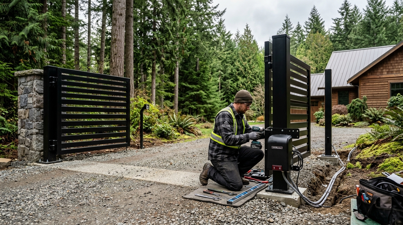 Automatic gate installation at a Washington State property entrance by Emerald Gate Systems