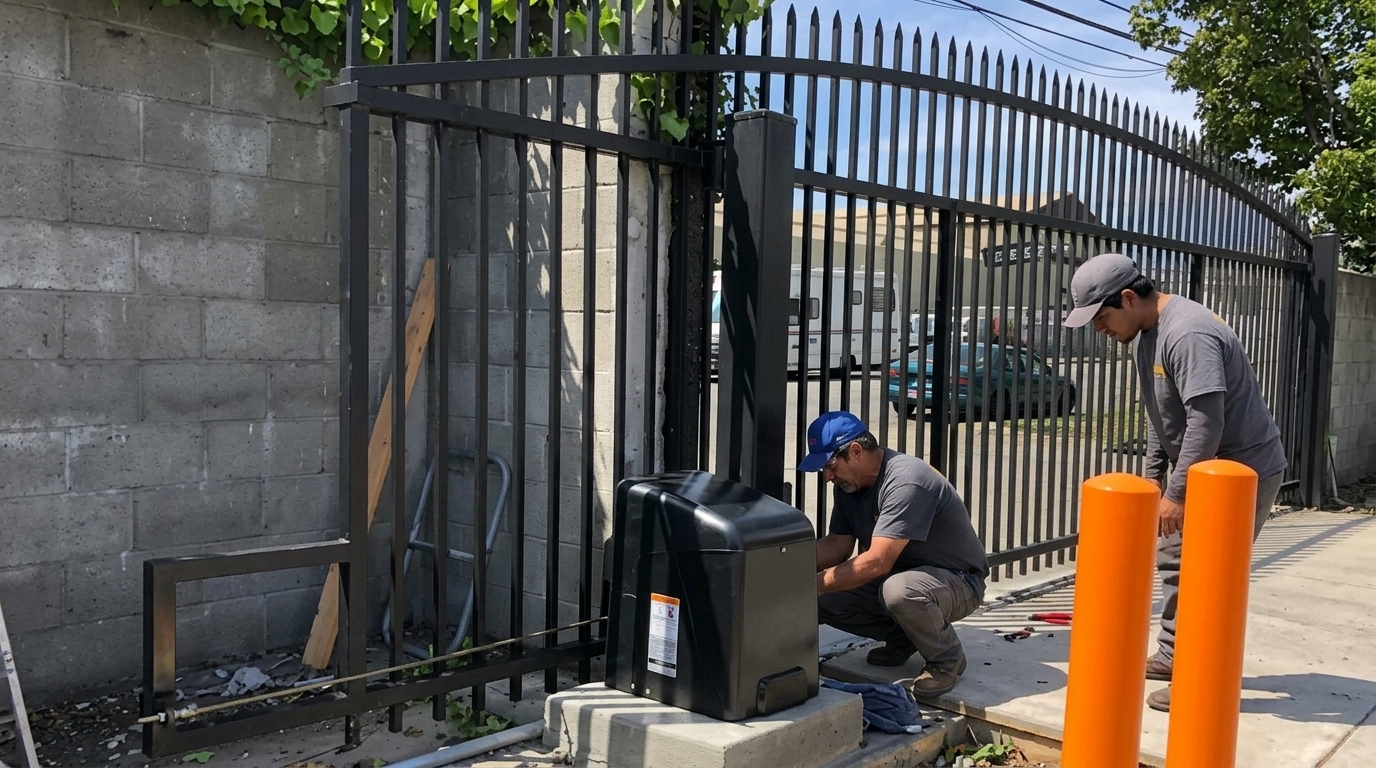 Technician performing automatic gate repair on a residential driveway gate in Washington State