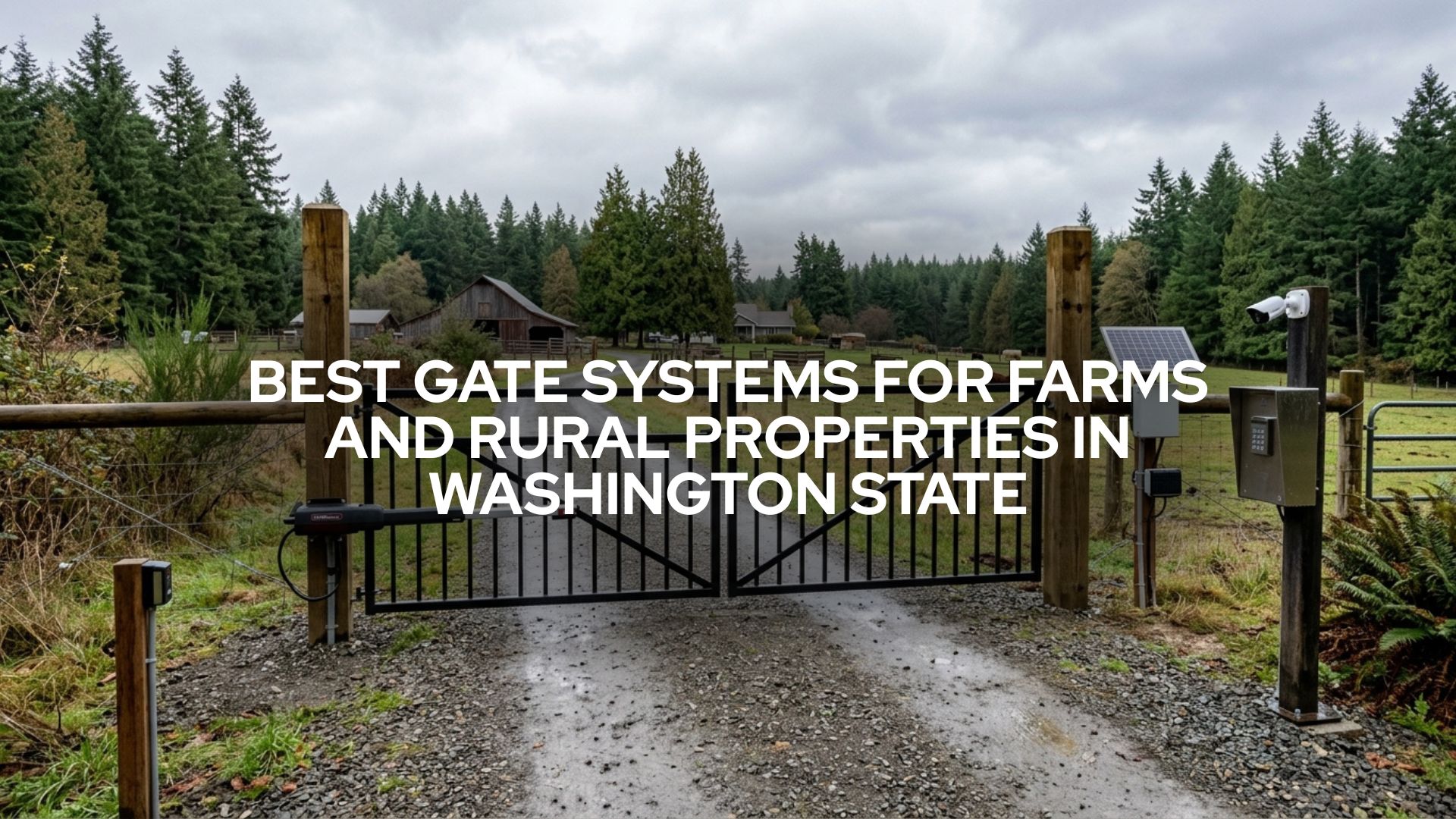 Farm gate system for a rural Washington State property with automatic gate opener, keypad entry, solar panel, safety sensors, and security camera.