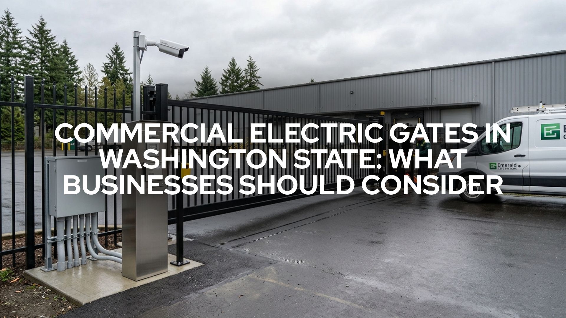Commercial electric gate in Washington State with access control, keypad entry, RFID reader, phone entry intercom, and security camera by Emerald Gate Systems.