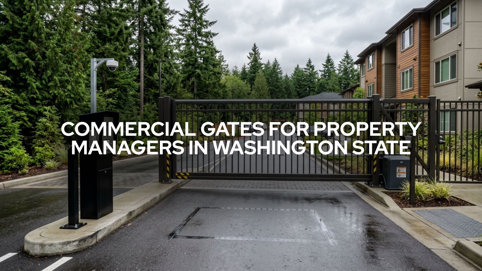 Commercial gate system for property managers in Washington State with access control, keypad entry, intercom, RFID reader, camera, and vehicle sensor.