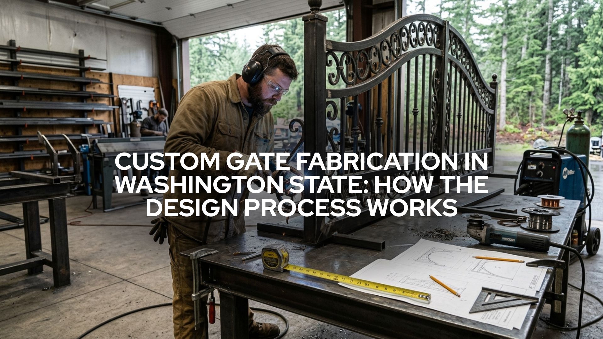 Custom gate fabrication in Washington State showing a metal gate design and welding process for residential and commercial properties.