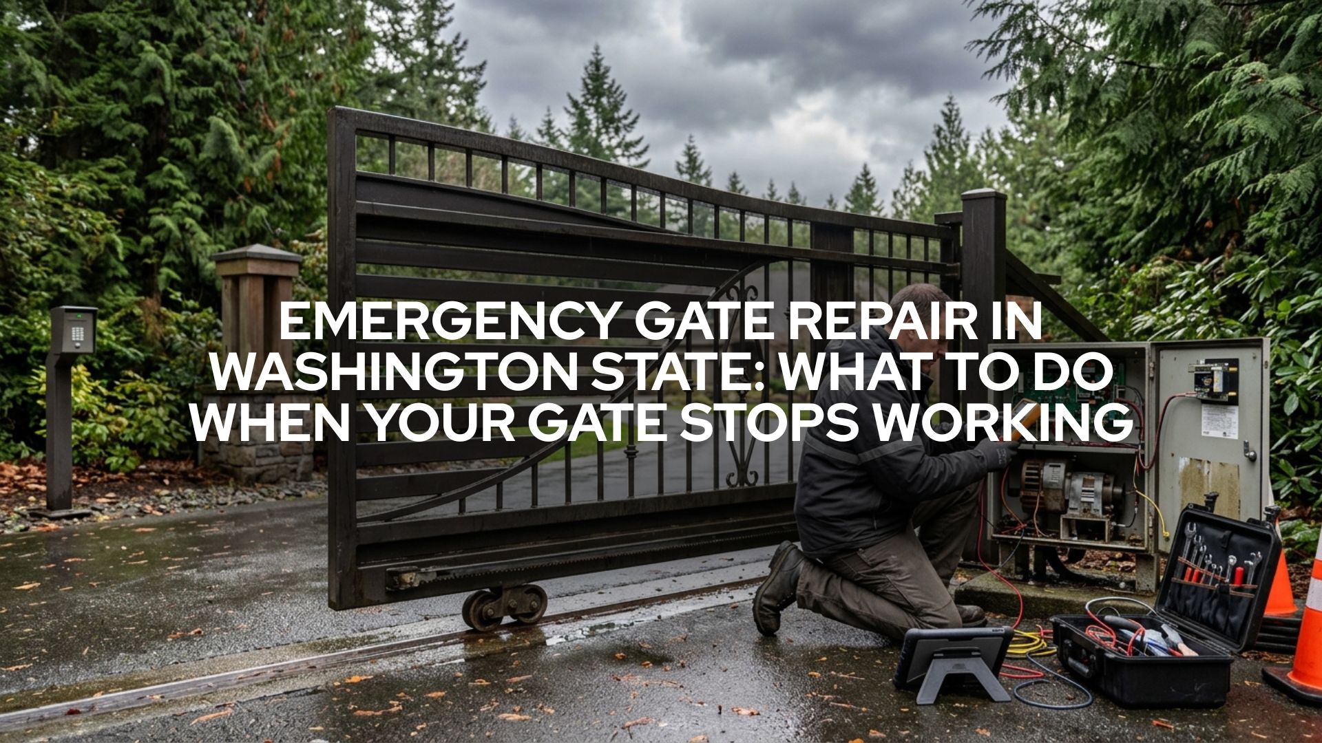 Emergency gate repair in Washington State showing a technician troubleshooting an automatic gate, opener, sensors, and access control system.