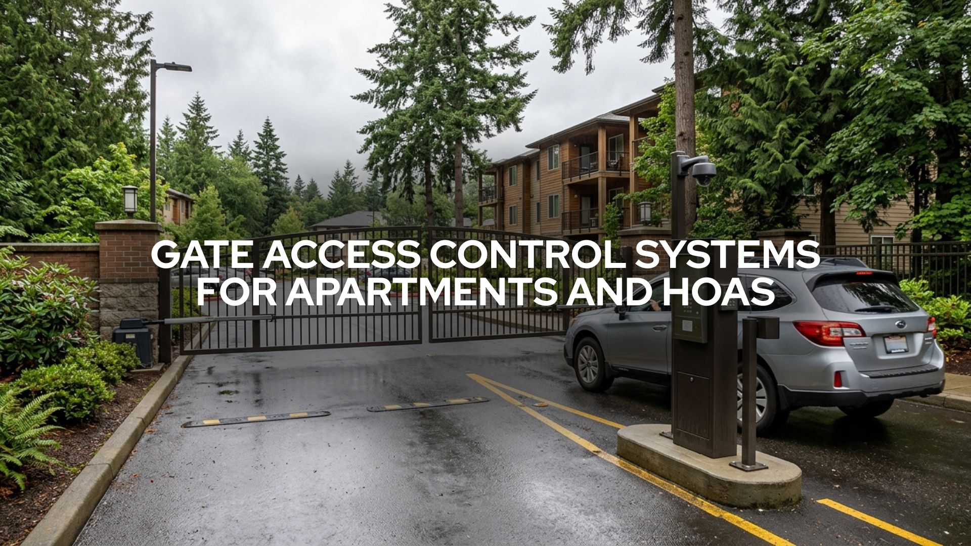Gate access control system for apartments and HOAs in Washington State with keypad entry, RFID reader, phone entry intercom, camera, and safety sensors.