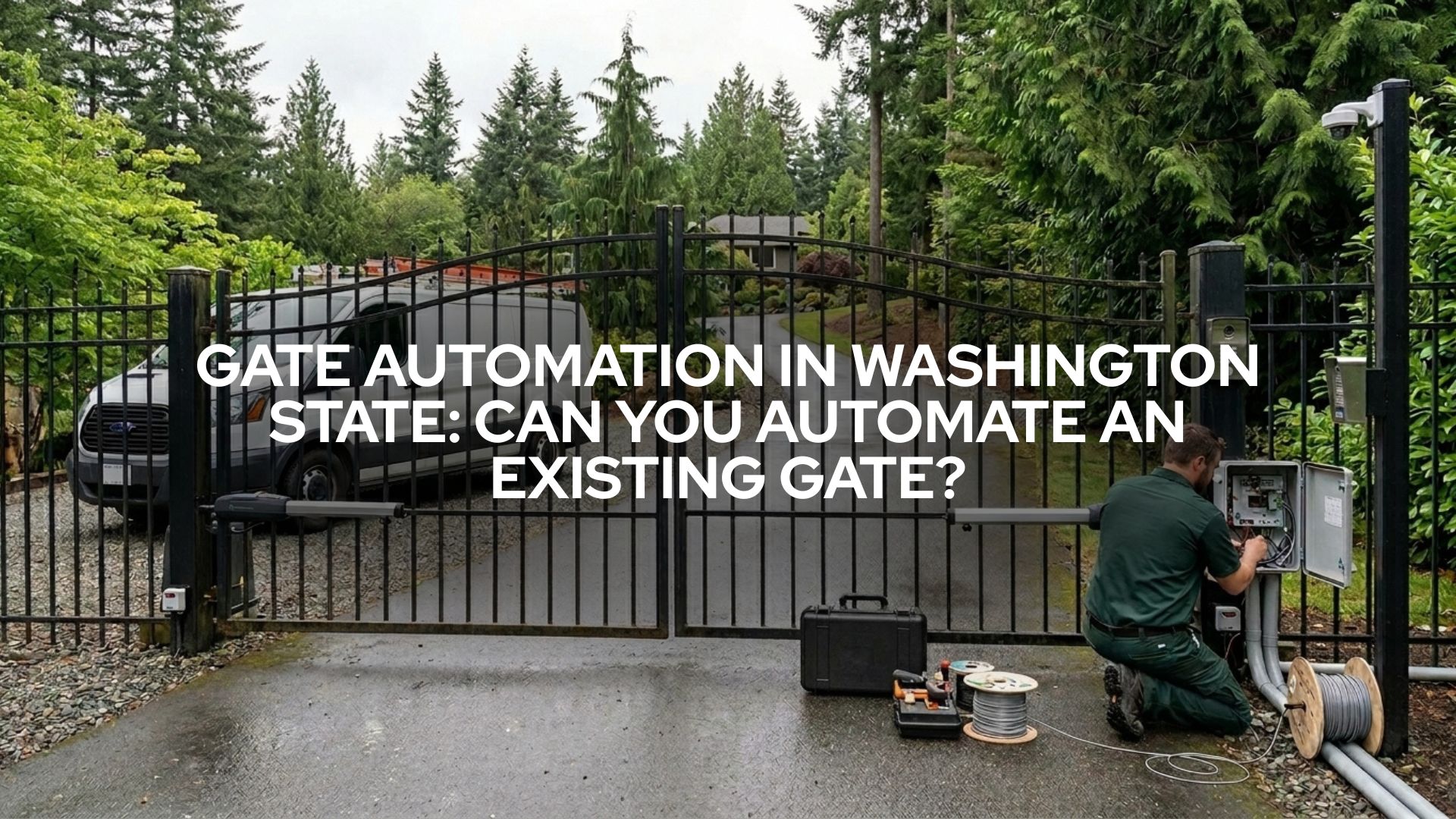 Existing gate being automated in Washington State with gate opener, keypad access, safety sensors, intercom, and security camera by Emerald Gate Systems.