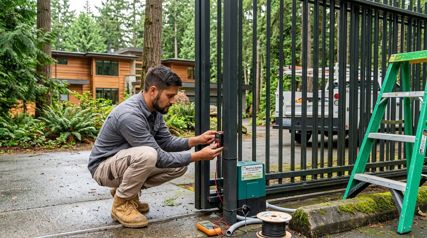 Modern automatic sliding driveway gate installed at a Washington State property entrance by Emerald Gate Systems