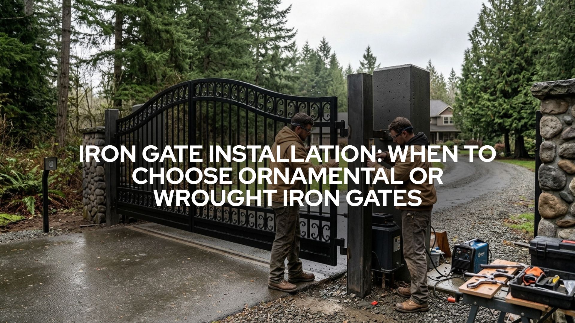 Iron gate installation in Washington State showing an ornamental wrought iron driveway gate built for security, curb appeal, and Pacific Northwest durability.