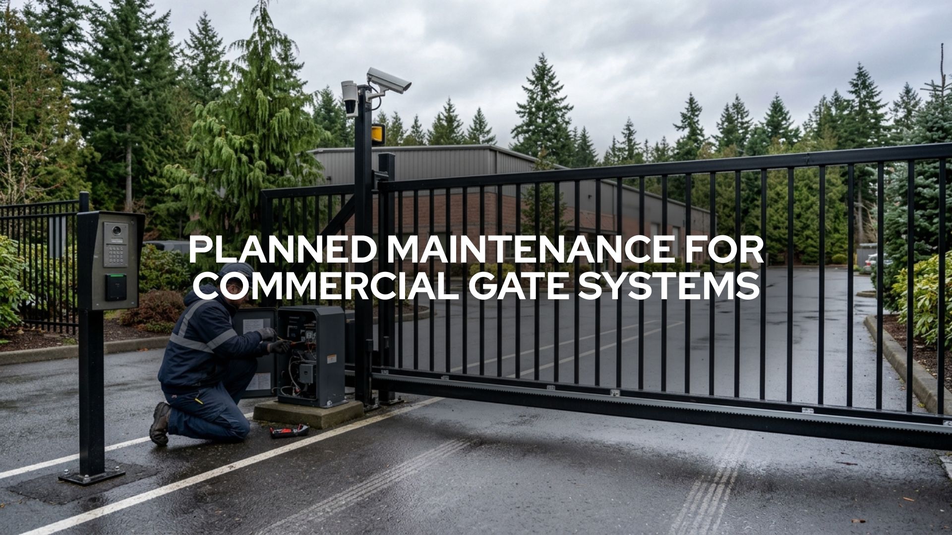 Planned maintenance for commercial gate systems in Washington State showing a technician inspecting an automatic gate, access control, sensors, and gate opener.