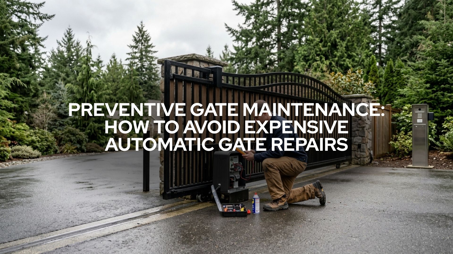 Preventive gate maintenance in Washington State showing a technician inspecting an automatic gate opener, safety sensors, access control system, and gate hardware.