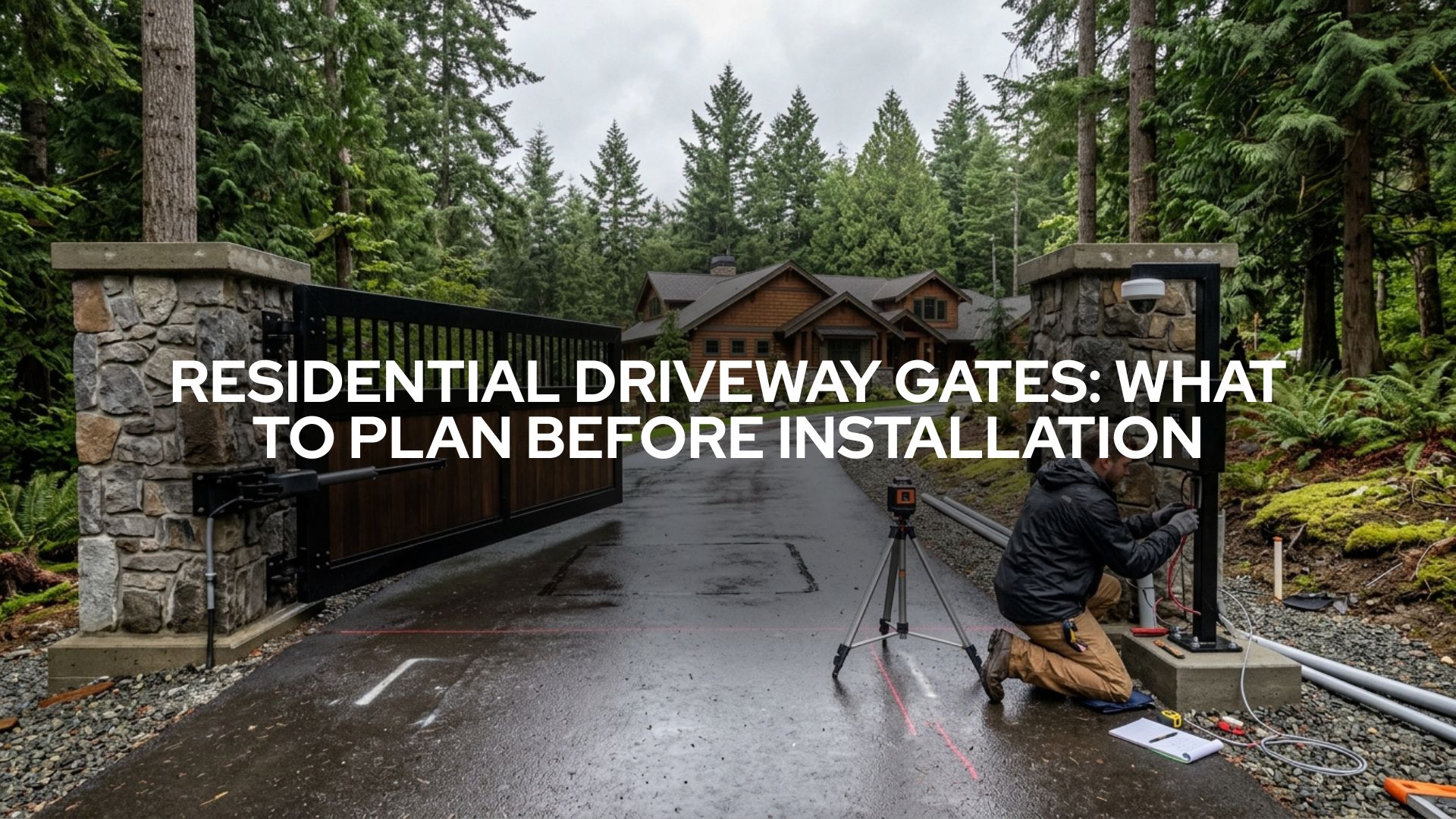 Residential driveway gate planning in Washington State showing gate layout, access control, safety sensors, and a Pacific Northwest home entrance.