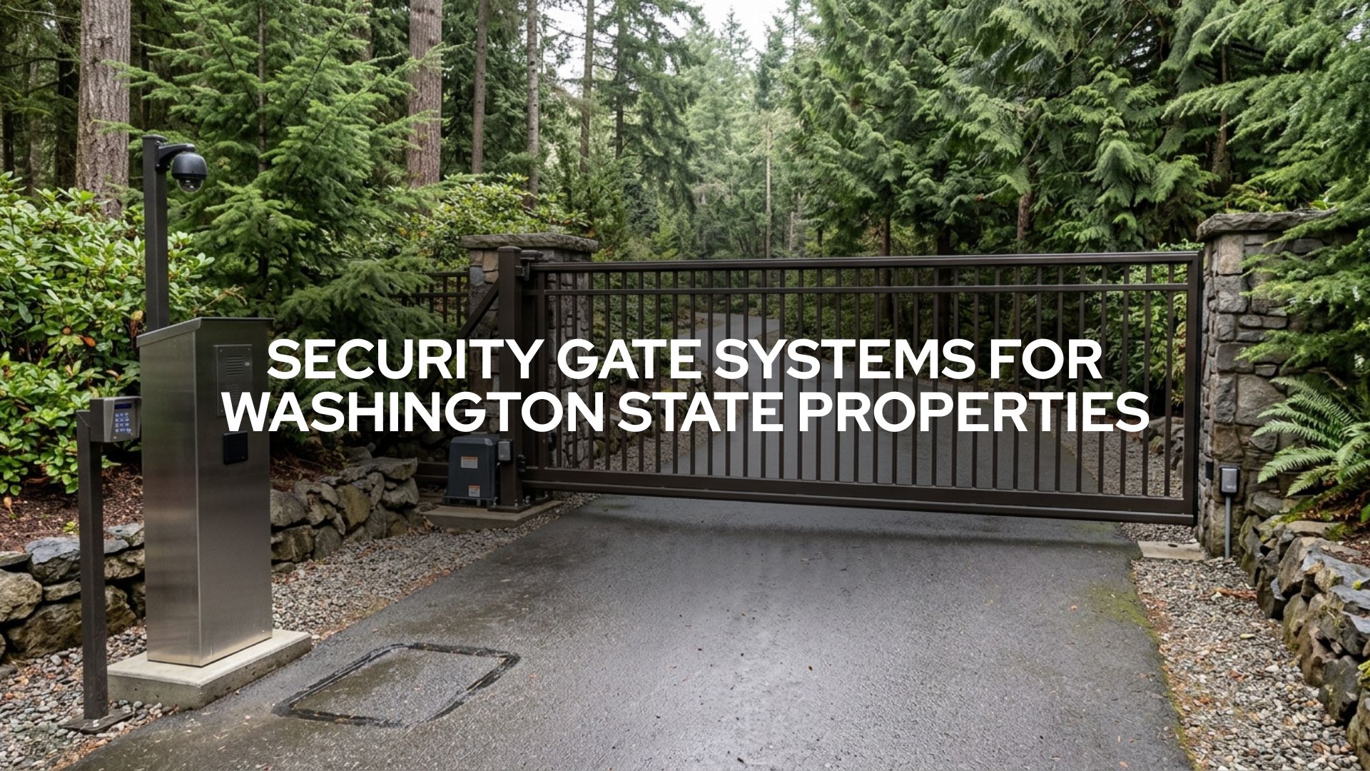 Security gate system for Washington State properties with automatic gate, access control, keypad entry, intercom, camera, and safety sensors.