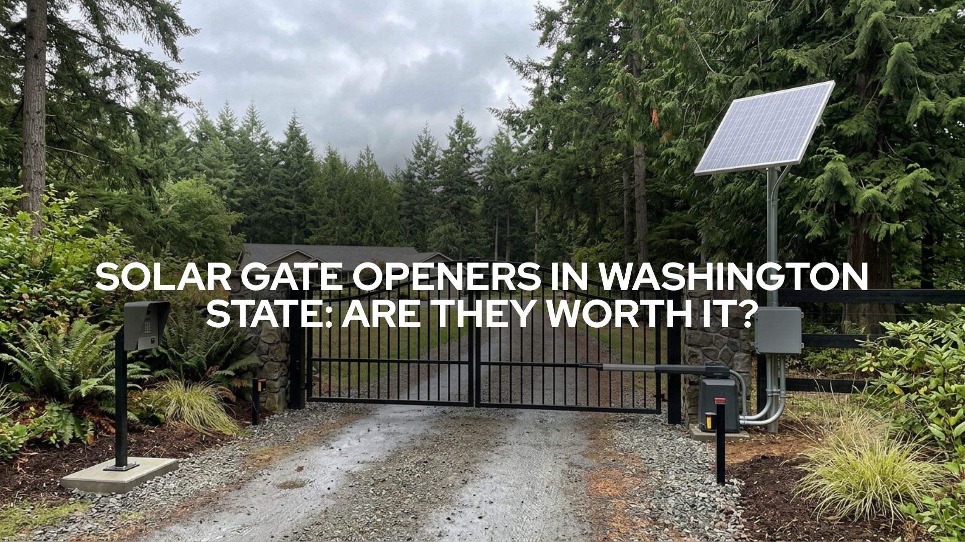 Solar gate opener installed on an automatic driveway gate in Washington State with access control, safety sensors, and Pacific Northwest property setting.