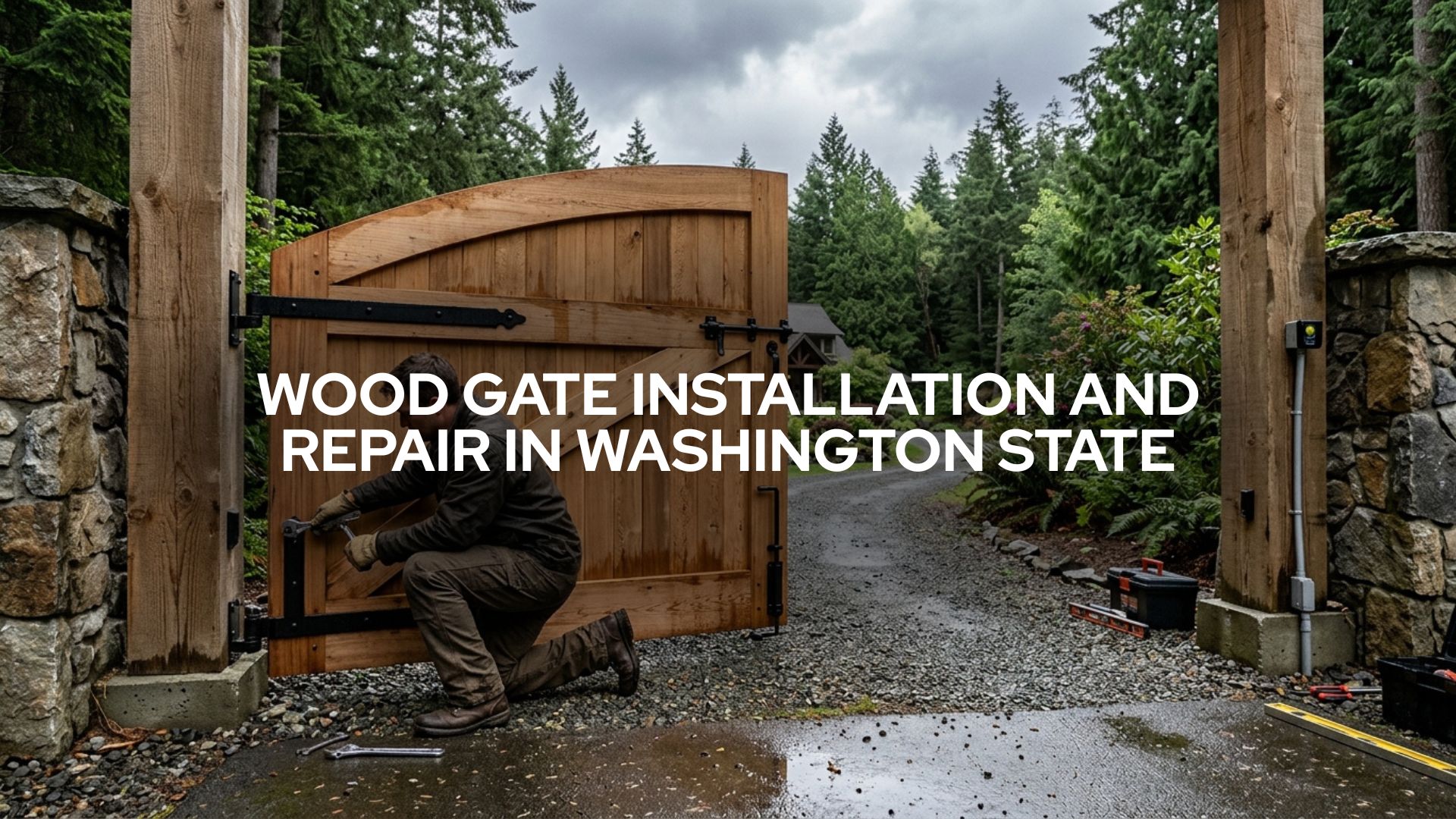 Wood gate installation and repair in Washington State showing a custom driveway gate built for Pacific Northwest homes, farms, and estates.
