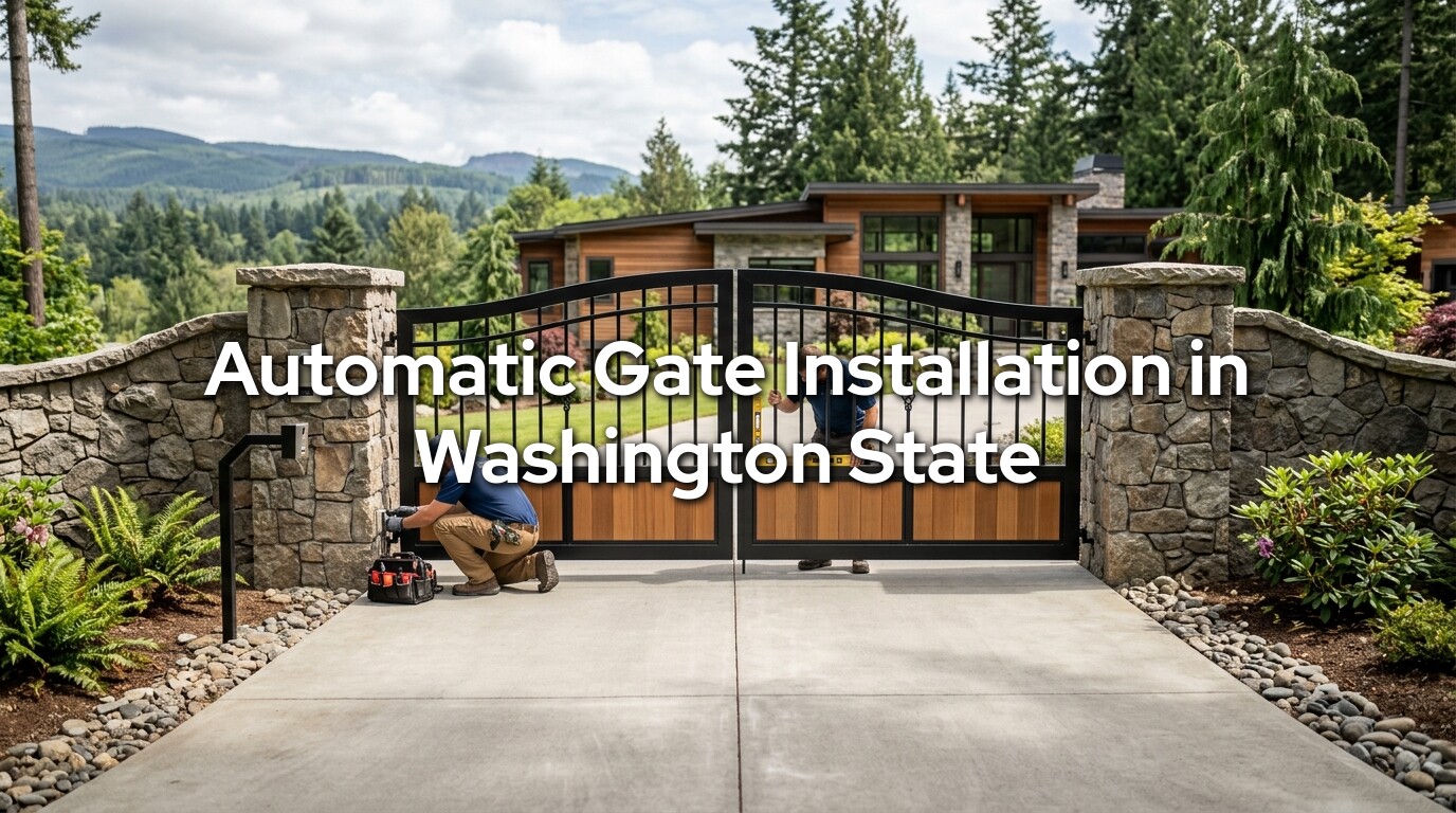 Automatic gate installation guide Washington State - technicians installing an automatic driveway gate in Sedro-Woolley by Emerald Gate Systems