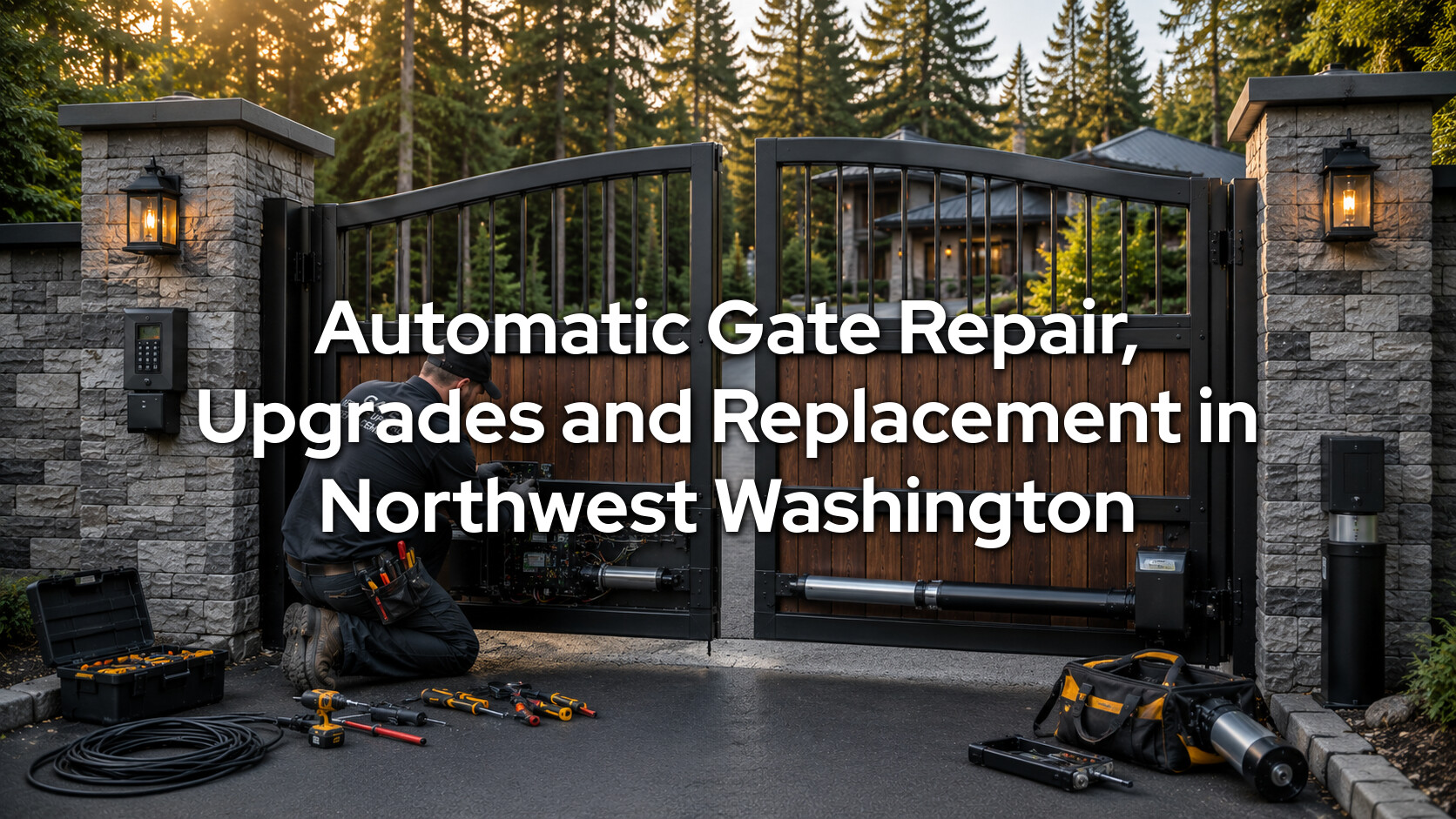Automatic gate repair Northwest Washington - technician servicing an automatic gate operator by Emerald Gate Systems