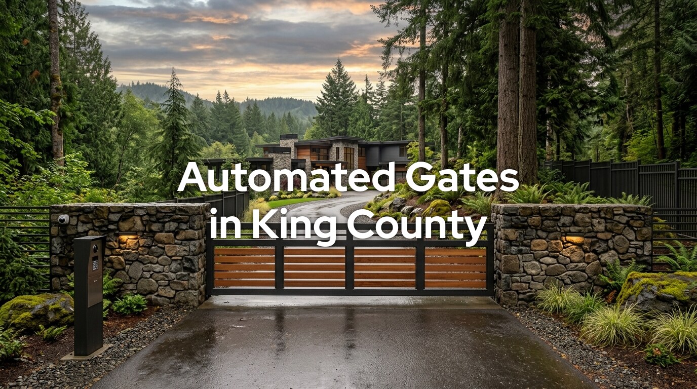 Automated gates in King County: horizontal slat driveway gate with stone pillars and a video intercom pedestal in Bellevue, WA