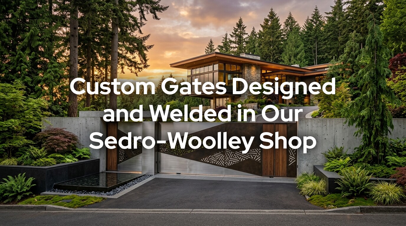 Custom Gate Fabrication in Washington with iron steel cedar and stone