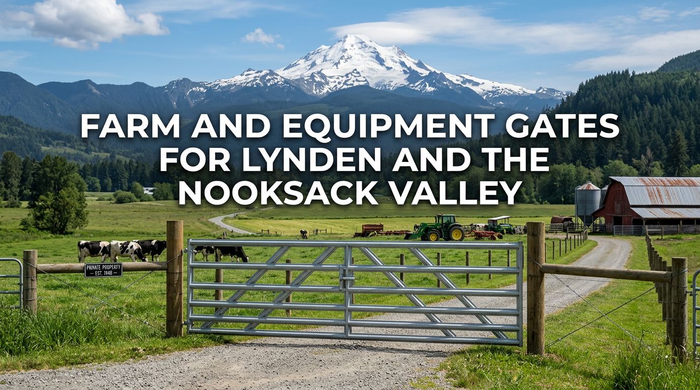 Farm gate installation Lynden WA with equipment-width opening on a Nooksack Valley farm