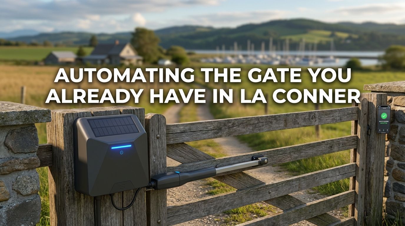 Gate automation La Conner WA with an operator retrofitted onto an existing wooden gate