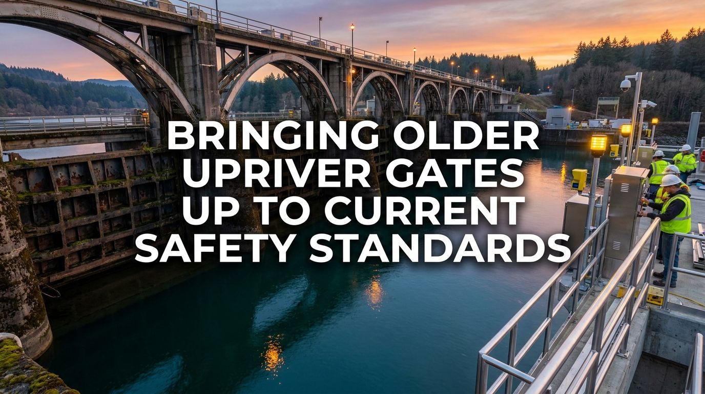 Gate safety upgrades Concrete WA: technicians inspecting control equipment upriver in Skagit County