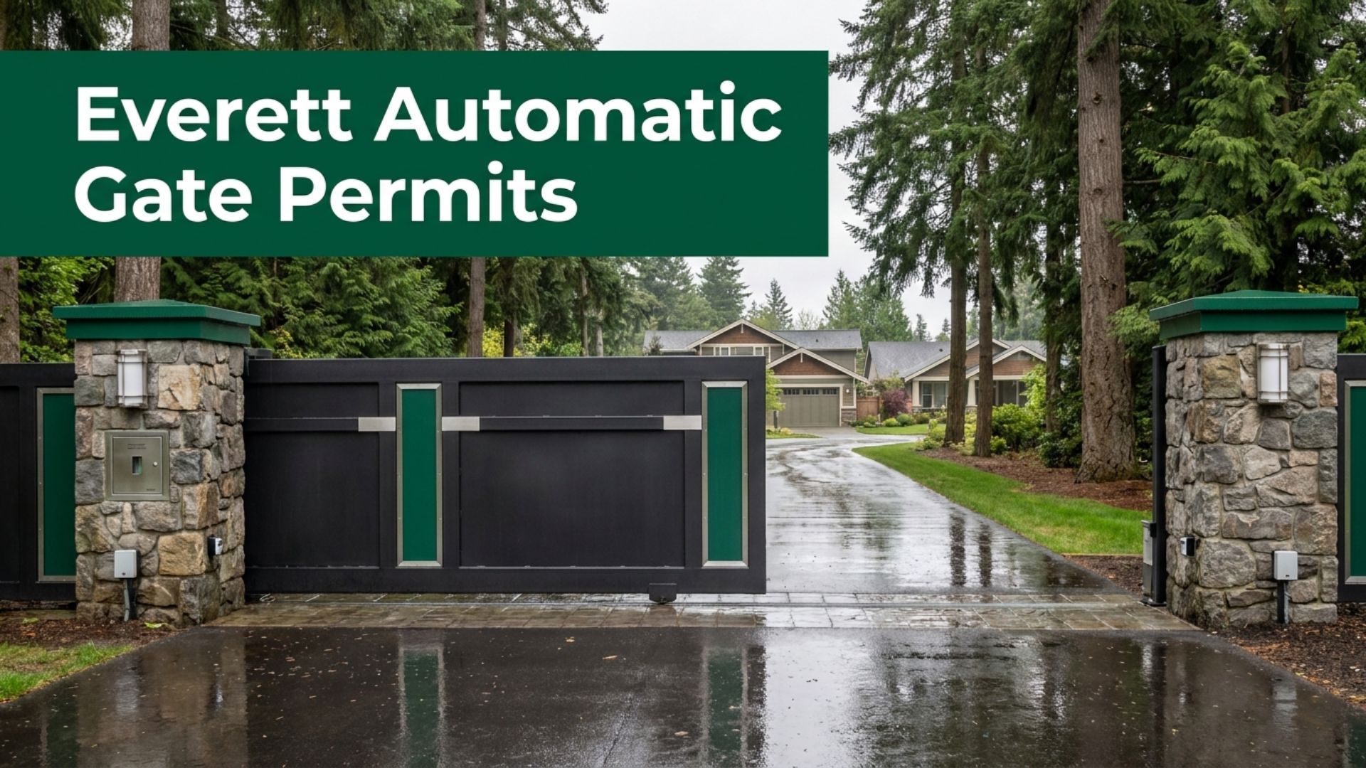 Automatic gate permit Everett WA: black automatic driveway gate set back from a sidewalk on a wet Everett, Washington street, with a keypad pedestal and evergreen trees behind it