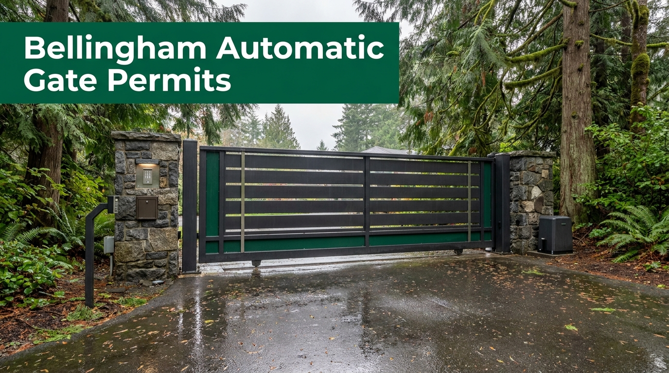 Automatic gate permit Bellingham WA: black automatic slide gate with horizontal rails between stone pillars at a wet driveway entrance near Bellingham, Washington, with evergreens behind