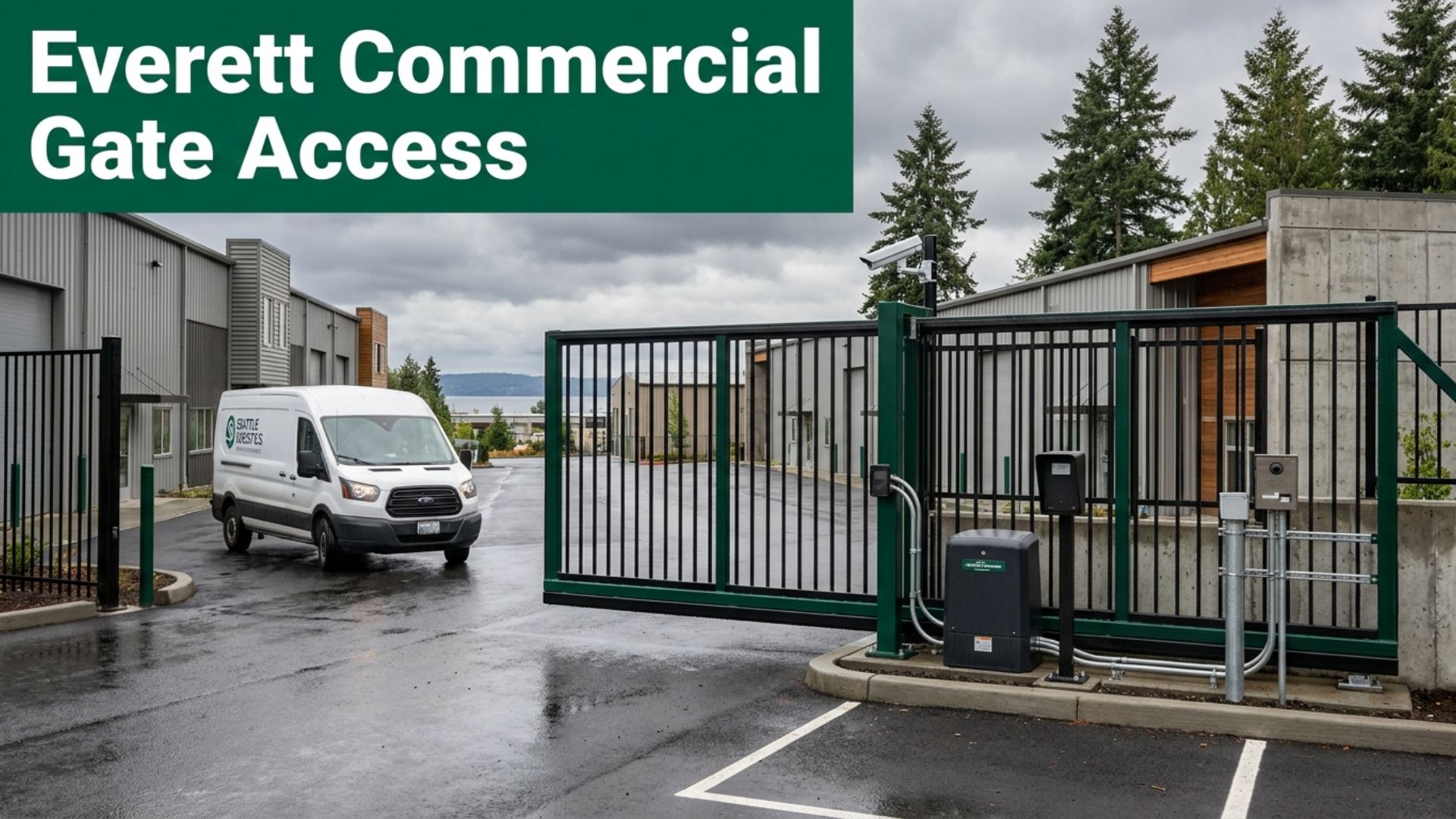 Commercial gate access control Everett WA: wide black cantilever slide gate at a commercial yard entrance in Everett, Washington, with a card reader pedestal and a semi truck waiting on the approach