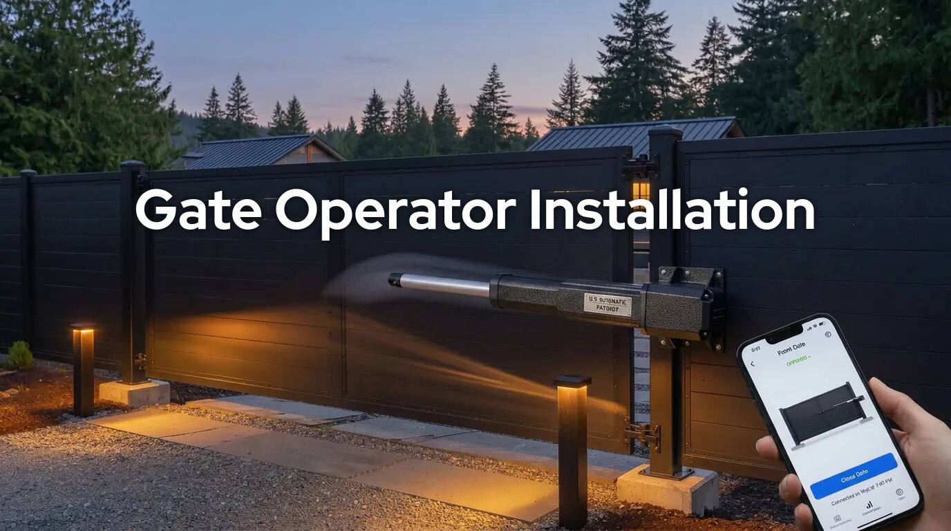 Gate operator installation in Washington: linear arm operator on a modern driveway gate with app control in Everett, WA