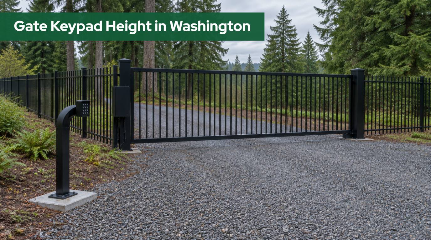 Black steel slide gate with gooseneck keypad pedestal on a gravel driveway in Northwest Washington, fence extending both directions