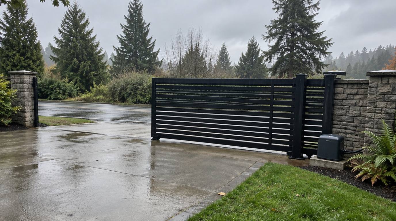 Black horizontal slat cantilever slide gate half open along a stone block wall on a wet concrete driveway in Washington, seen from inside the property with the operator inside the wall