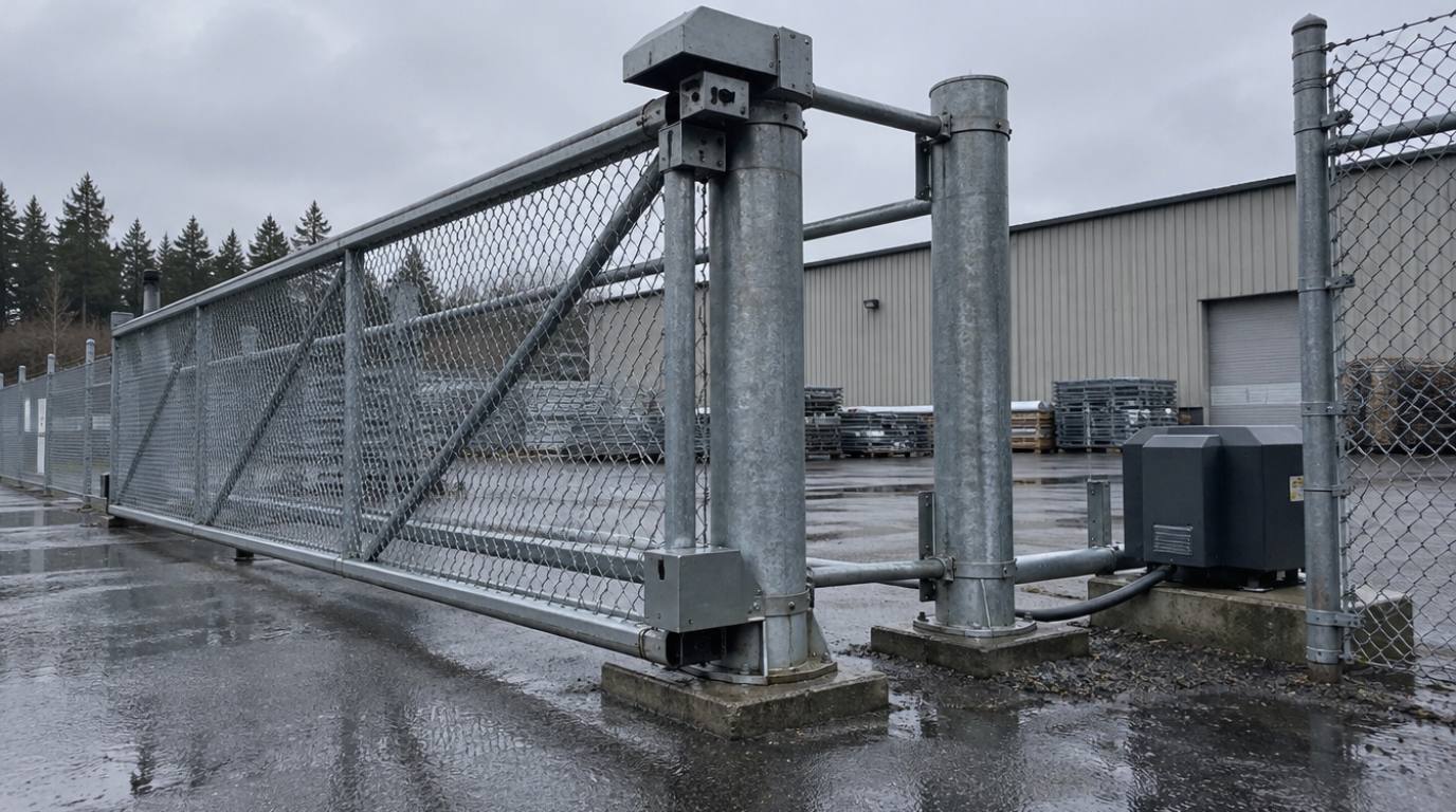 Galvanized chain-link cantilever slide gate at a commercial yard in Northwest Washington, carried by covered roller trucks on two heavy support posts with the slide operator inside the fence