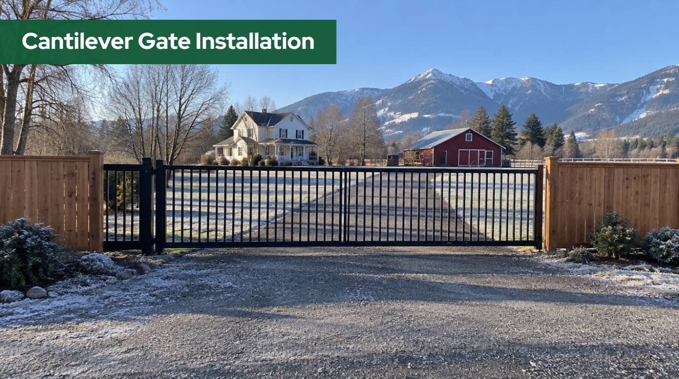 Cantilever gate installation in Washington: black aluminum cantilever slide gate across a gravel driveway between cedar privacy fence runs, with a farmhouse and red barn behind on a frosty morning