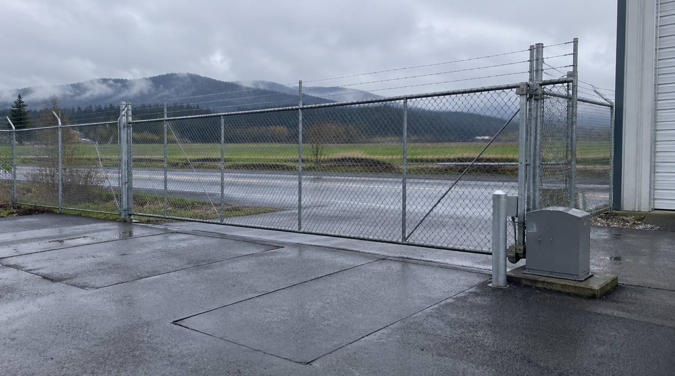 Two saw-cut vehicle detection loops in wet asphalt inside a chain-link cantilever slide gate with the operator on a pad behind a bollard in Skagit County WA