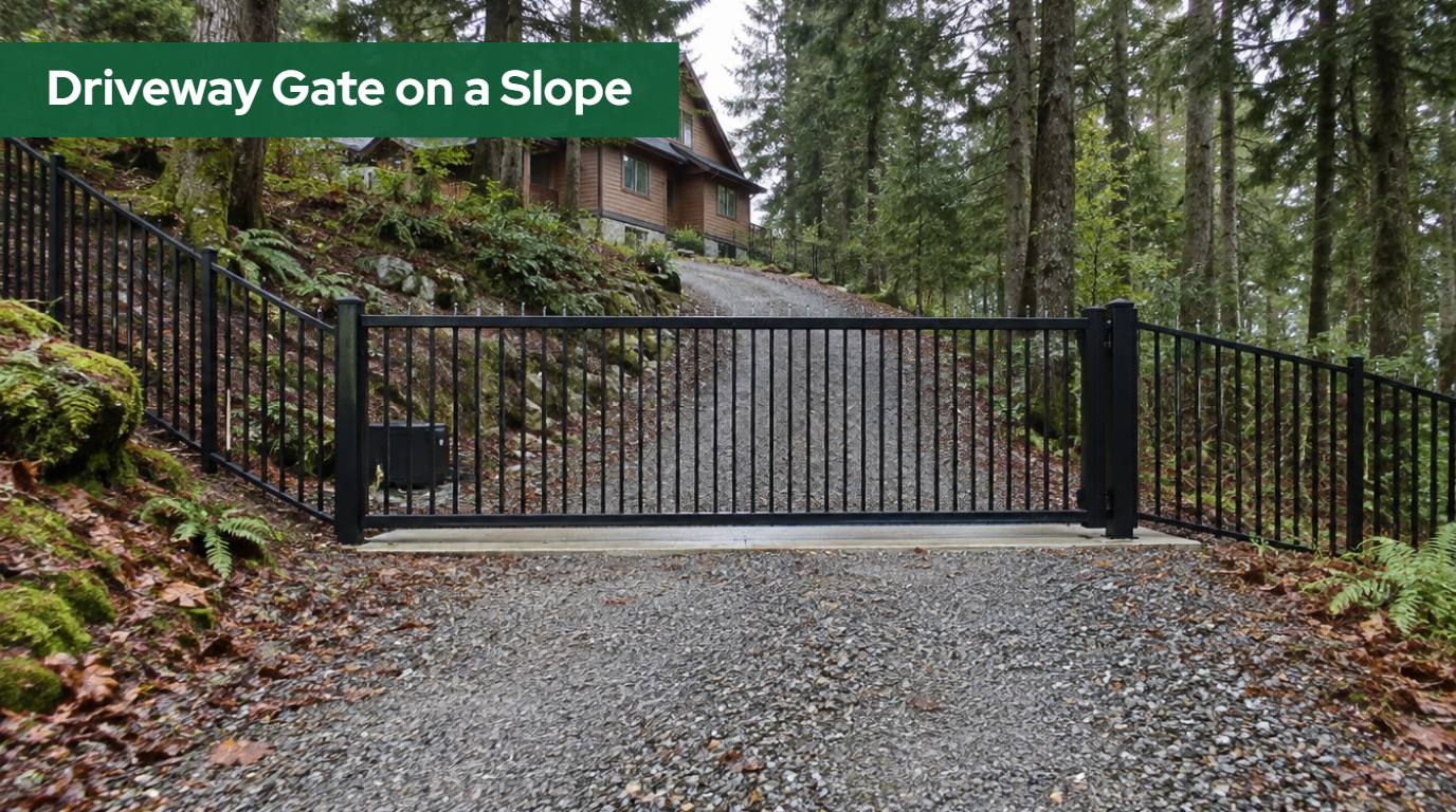 Driveway gate on a slope: a black steel slide gate on a level concrete beam across a climbing gravel driveway in Northwest Washington