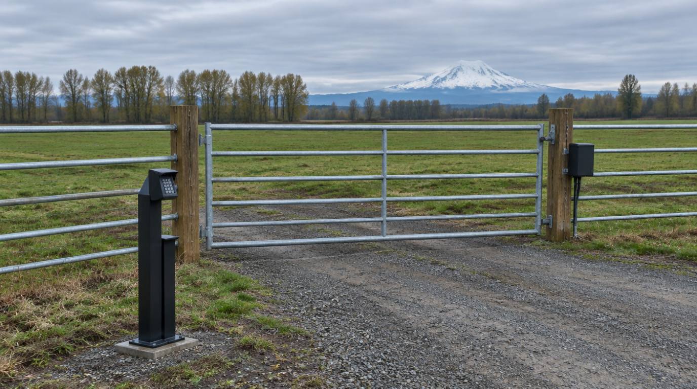 Dual-height keypad pedestal at a farm gate entrance in Skagit County Washington with Mount Baker visible in the background and galvanized livestock fence extending both directions