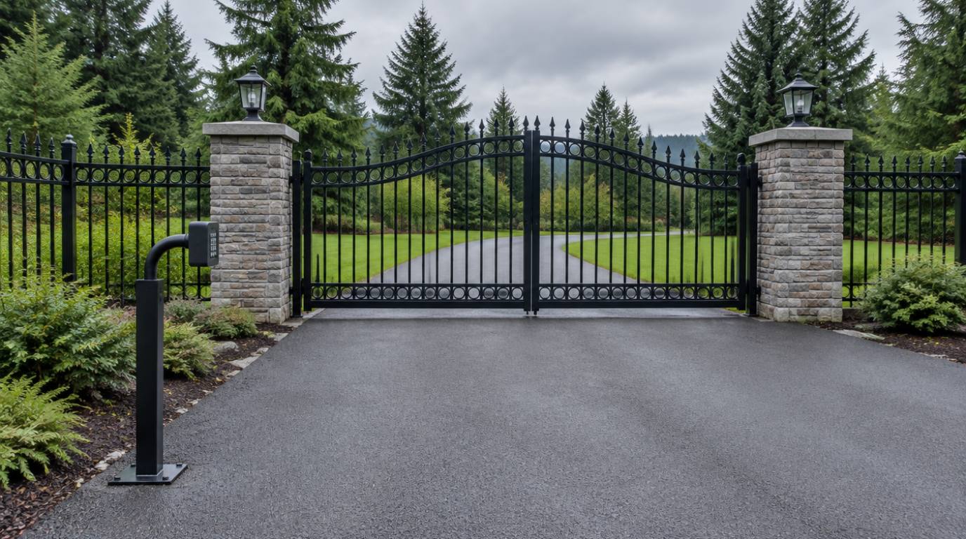 Gooseneck keypad pedestal beside a black ornamental swing gate with stone columns and iron fence on a paved driveway in Northwest Washington