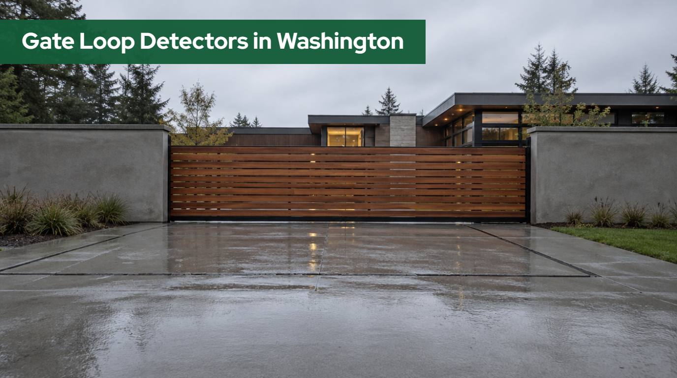 Gate loop detector in Washington: sealed saw-cut loop in a concrete driveway behind a wood slat slide gate at a Skagit County home