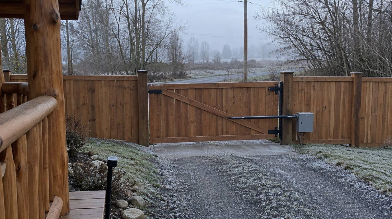 Wood farm swing gate with a cedar privacy fence on a frosty, foggy morning in Skagit County Washington, seen from inside the property with the gate operator arm on the inside