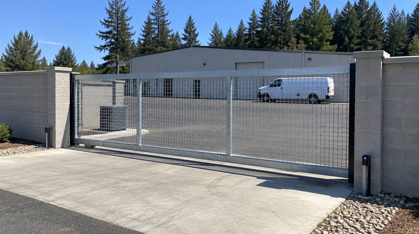 Galvanized welded mesh slide gate between concrete block walls at a commercial lot in western Washington with photo eye posts at both ends of the opening