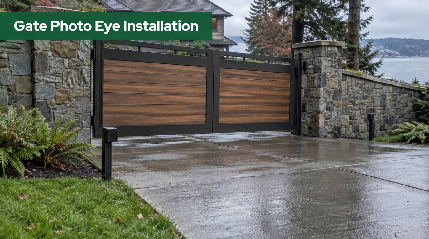 Gate photo eye installation in Washington: low safety photo eye post beside a wood and metal swing gate between stone pillars at a waterfront home