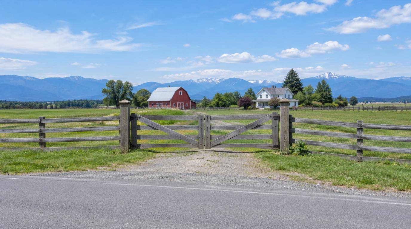 Weathered wood farm swing gate with split-rail fence in the Skagit Valley Washington, red barn and white farmhouse in the background with Cascade Mountains beyond