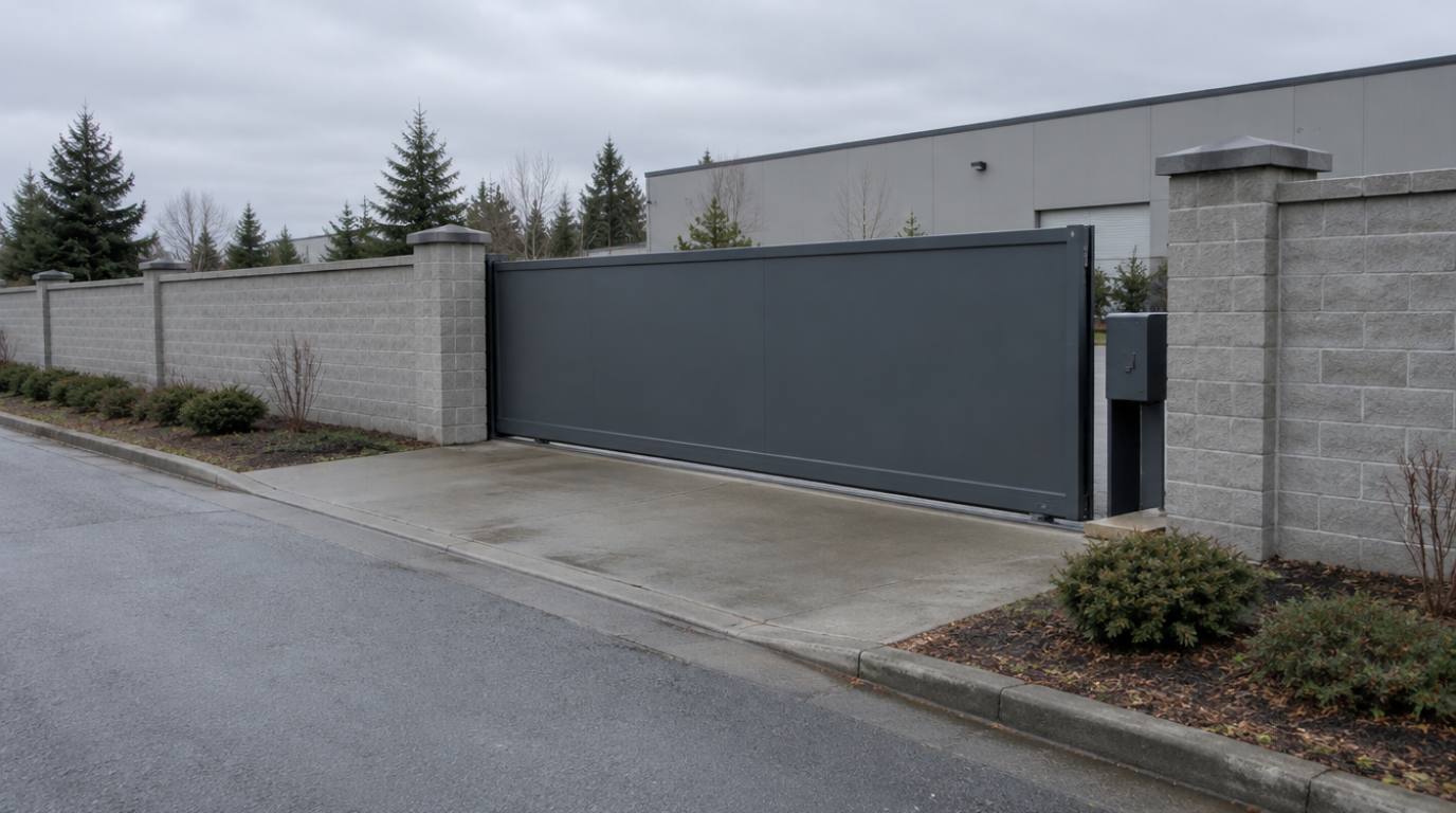 Charcoal gray flat-top aluminum slide gate with operator unit on a concrete block wall at a commercial property in the Pacific Northwest, overcast sky