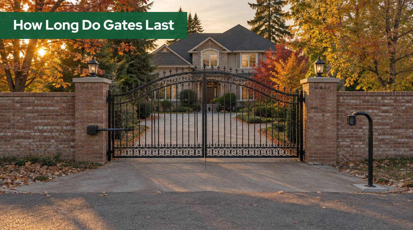Wrought iron double swing gate with decorative arch between brick pillars at a suburban two-story home in Northwest Washington, autumn foliage on surrounding trees