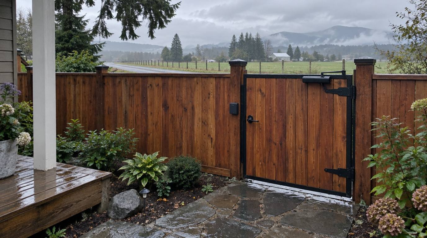 Western Red Cedar pedestrian gate with a black steel frame, lever handle, electric lock box and gate closer in a cedar privacy fence on a rainy day in Skagit County Washington, seen from inside the property