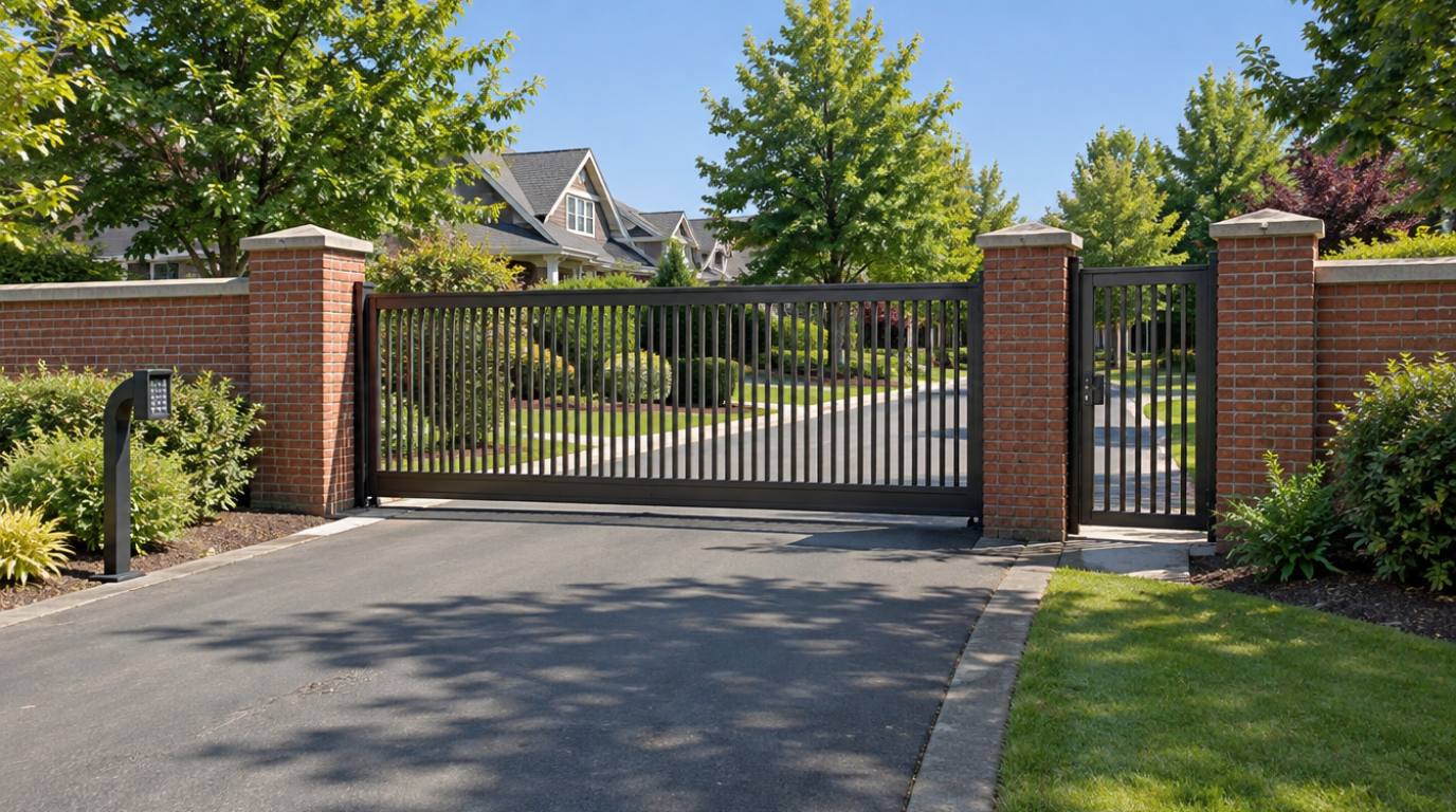 HOA entrance in Northwest Washington with a bronze aluminum slide driveway gate and a matching pedestrian walk gate between red brick pillars and a keypad pedestal on the approach