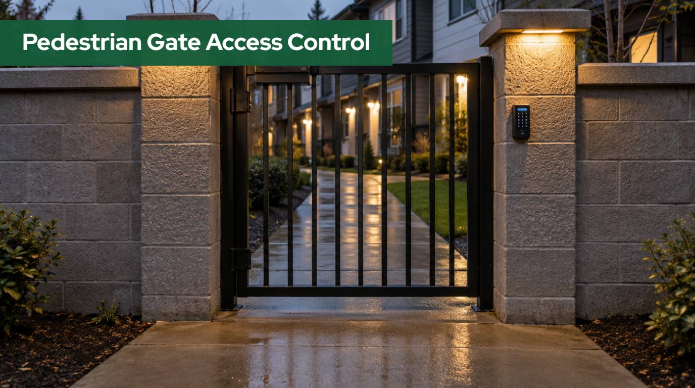 Pedestrian gate access control in Washington: steel walk gate with a keypad on the latch-side post between concrete block walls at a townhome entrance at dusk
