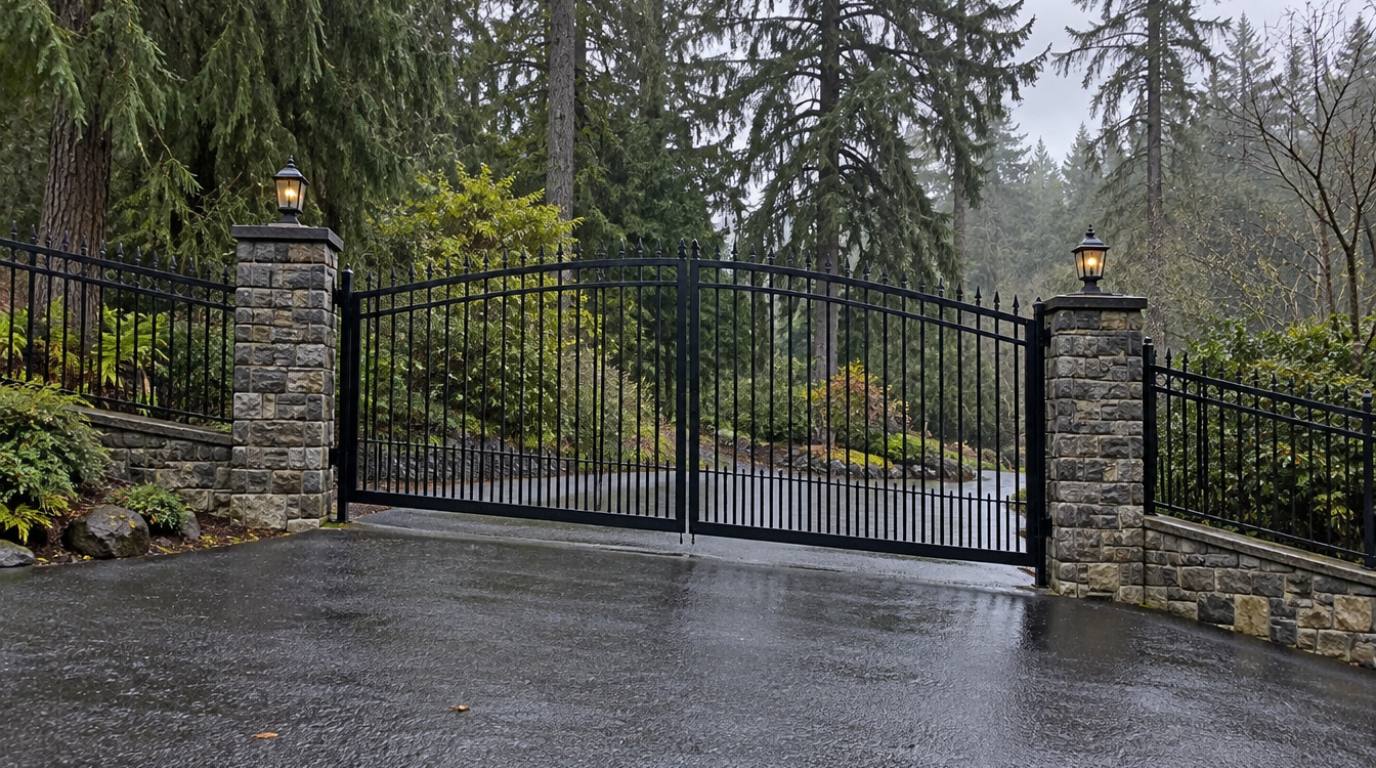 Pair of black wrought iron swing gates with bottom rails angled to follow a driveway that slopes from one side to the other